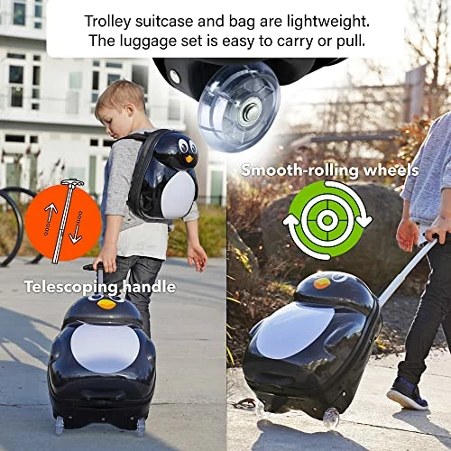 Kiddietotes Kids Carry-on Upright Luggage Suitcase And Backpack Set - Smooth Rolling Wheels - Penguin 6 Kiddietotes Kids Carry-on Upright Luggage Suitcase And Backpack Set - Smooth Rolling Wheels - Penguin - Image 4