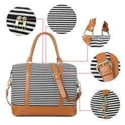 Women Ladies Canvas Weekender Bag Overnight Carry-on Tote Duffel In Trolley Handle (Black Stripe) -Luggage Sales Shop 51bjcmJWPBL