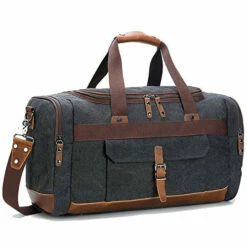 BLUBOON Travel Duffel Bag Canvas Weekender Overnight Carry-on Luggage With Genuine Leather Trim For