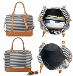 Women Ladies Canvas Weekender Bag Overnight Carry-on Tote Duffel In Trolley Handle (Black Stripe) -Luggage Sales Shop 51jmDDSj6nL