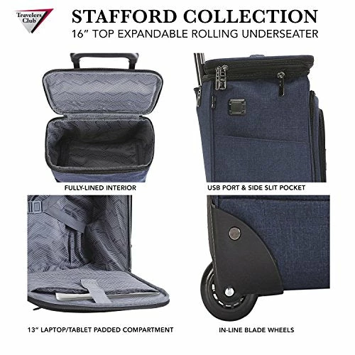 Travelers Club Luggage 16" Top Expandable Rolling Underseater W/USB Port, Blue Suitcase, Carry-On, Navy 8 Travelers Club Luggage 16" Top Expandable Rolling Underseater W/USB Port, Blue Suitcase, Carry-On, Navy - Image 6