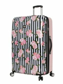 Betsey Johnson 30 Inch Checked Luggage Collection - Expandable Scratch Resistant (ABS + PC) Hardside Suitcase - Designer Lightweight Bag With 8-Rolling Spinner Wheels (Stripe Roses)