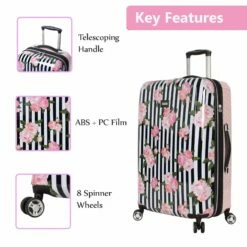 Betsey Johnson 30 Inch Checked Luggage Collection - Expandable Scratch Resistant (ABS + PC) Hardside Suitcase - Designer Lightweight Bag With 8-Rolling Spinner Wheels (Stripe Roses) -Luggage Sales Shop 81Qhr 2BeFOwL